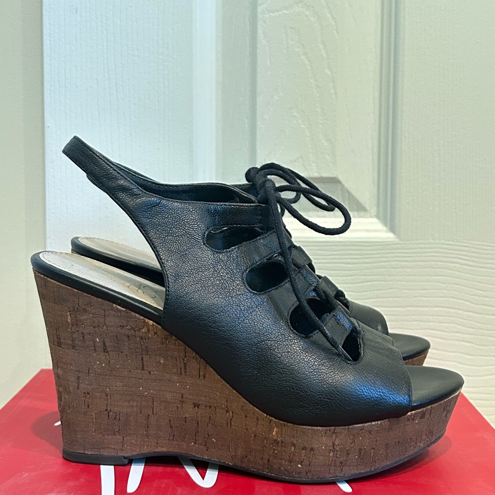 Franco Sarto Black Leather Wedges